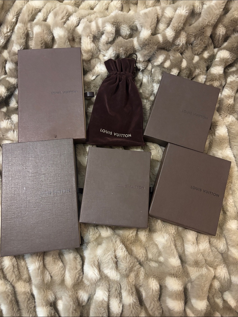 Louis Vuitton Brown vintage brown boxes lot with velvet drawstring pouch